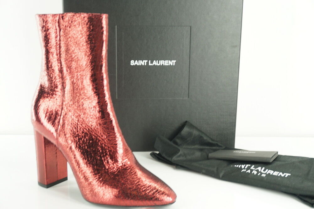 SAINT LAURENT Babies Red Metallic Ankle Boots Size 36.5 NIB YSL 90MM